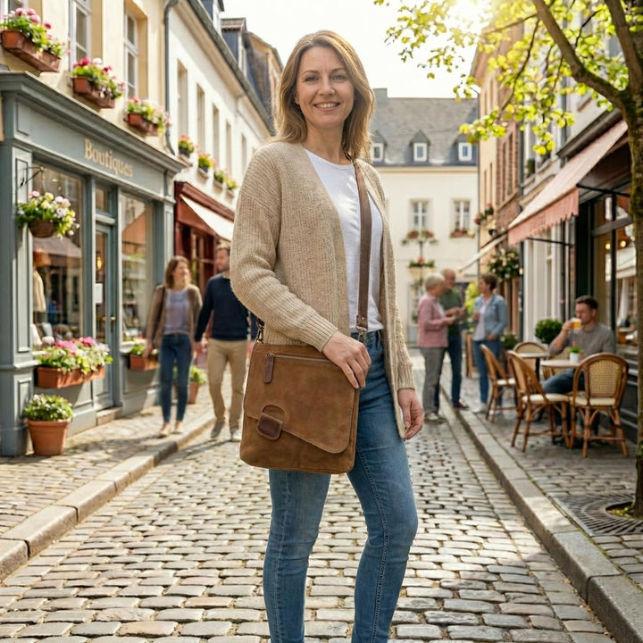 LECONI Umhängetasche für Damen Crossbag Veloursleder Echtleder Natur Damentasche Schultertasche Lede