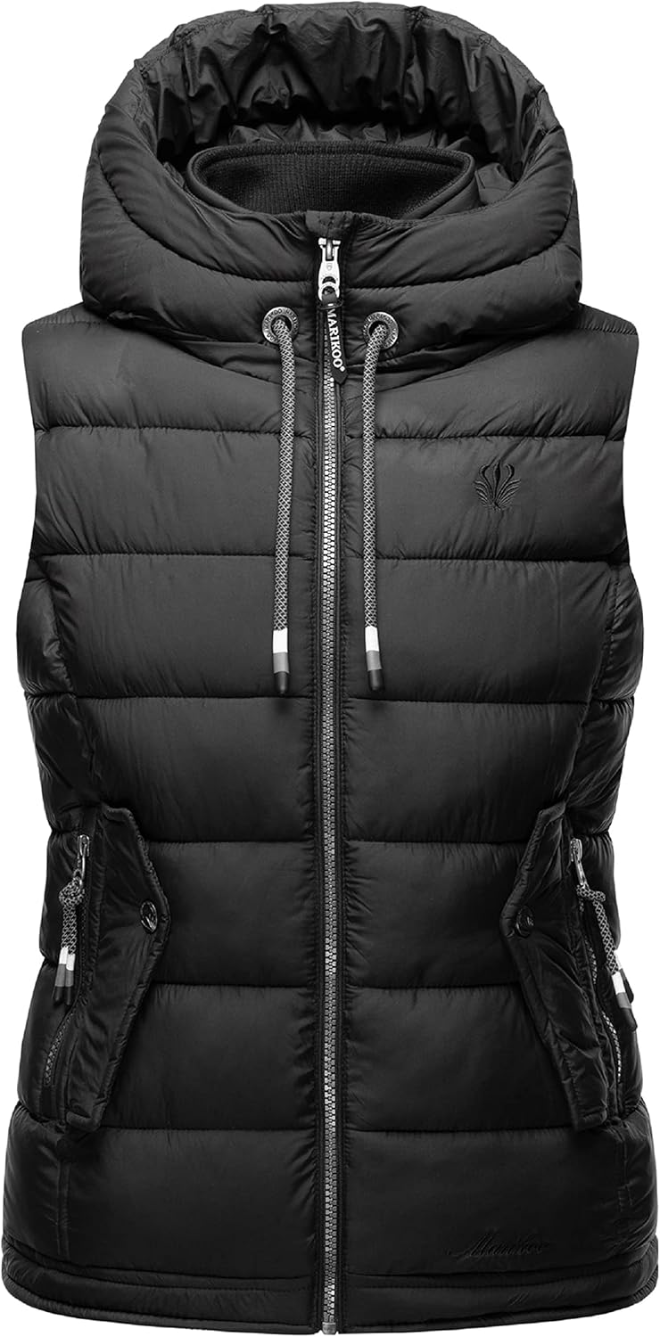 MARIKOO Damen leichte Übergangsweste Steppweste mit Kapuze Taisaa XS-3XL, XS Schwarz