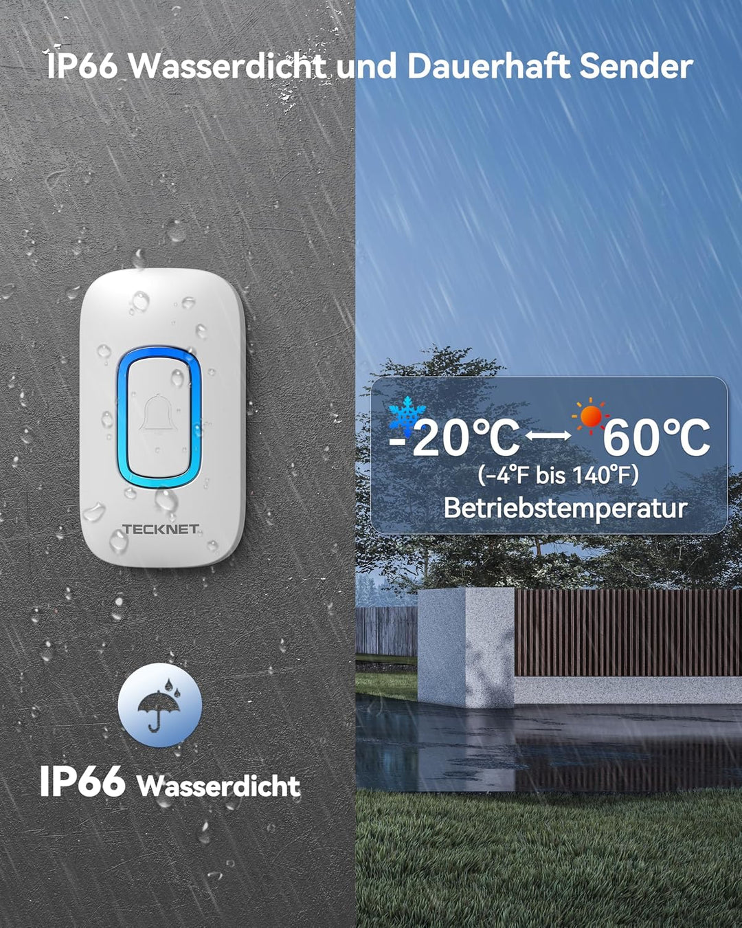 TECKNET Funkklingel mit 3 Empfängern, Kabellose Türklingel RGB, Weiss | IP66 Wasserdicht Aussen Batt