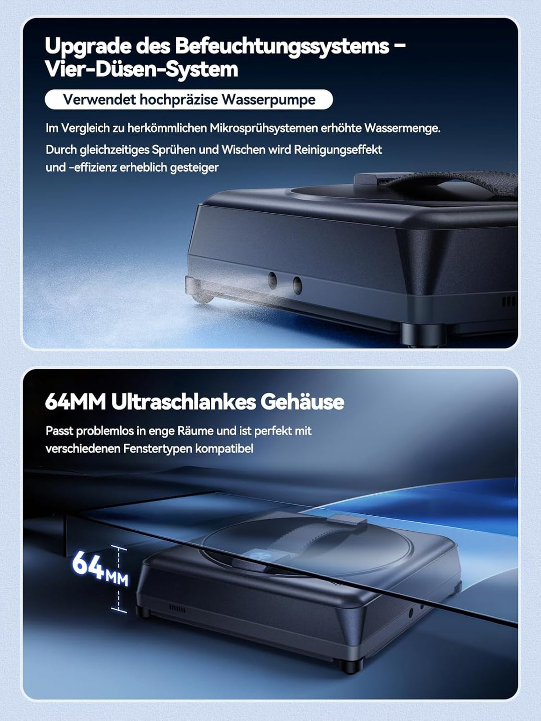 Fensterputzroboter, 5000Pa Mini Fensterroboter, Vier-Düsen-System, 64 MM ultradünn, Randerkennung, 4