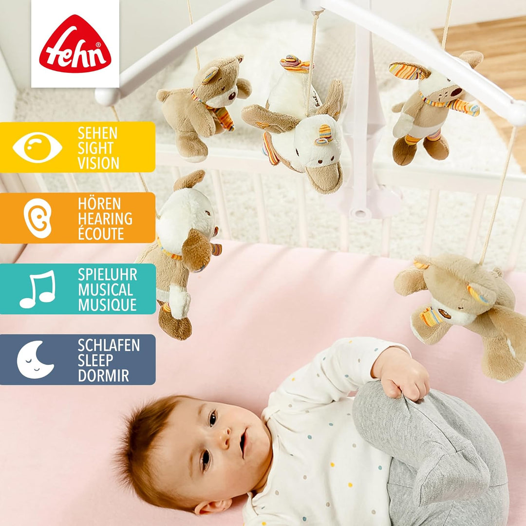 Fehn Musik Mobile Rainbow - Baby Einschlafhilfe Musikspielzeug mit süssen Tieren - Babymobile Spielu