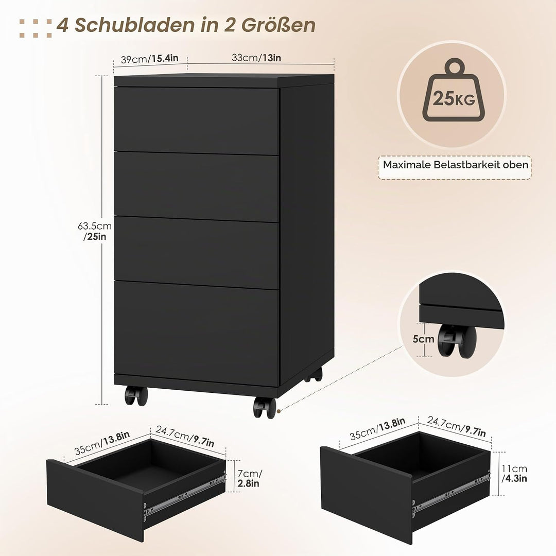 HOCSOK Rollcontainer mit Schubladen, Rollcontainer schreibtisch mit Rollen, Büroschrank unter dem Sc
