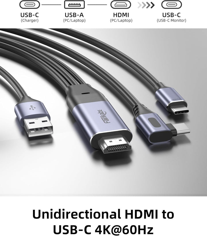 fairikabe HDMI-auf-USB-C-Kabel (2,5 m, 4K 60 Hz, 90°), HDMI-Quelle und Stromversorgung an USB-C-Disp