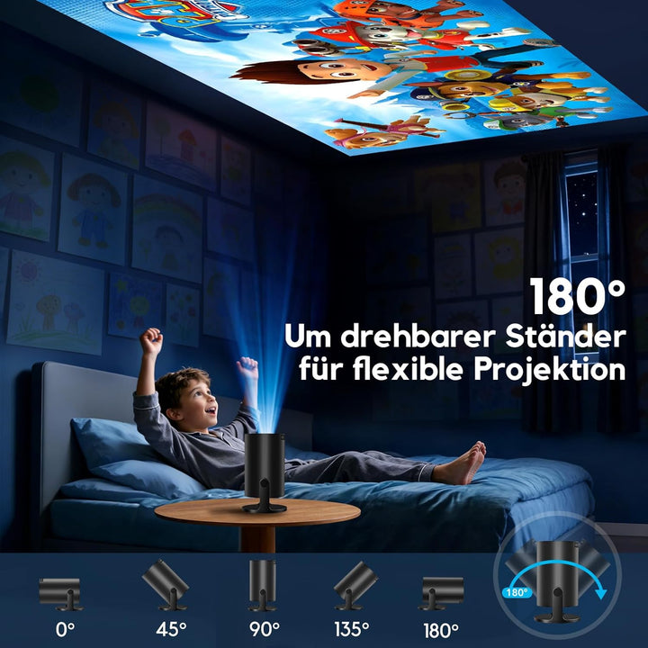Smart Mini Beamer 1080P Unterstützt, Tragbarer Projektor AKIYO O2 mit WiFi 6 und Bluetooth 5.4, Beam