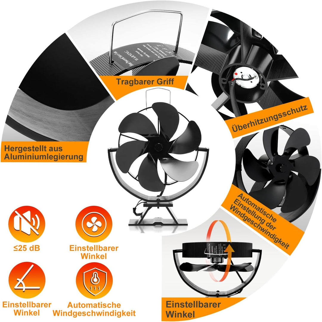 Eulenke Ofenventilator ohne strom mit 6 Blättern, Kaminventilator, Ventilator für Kaminofen, Kaminve