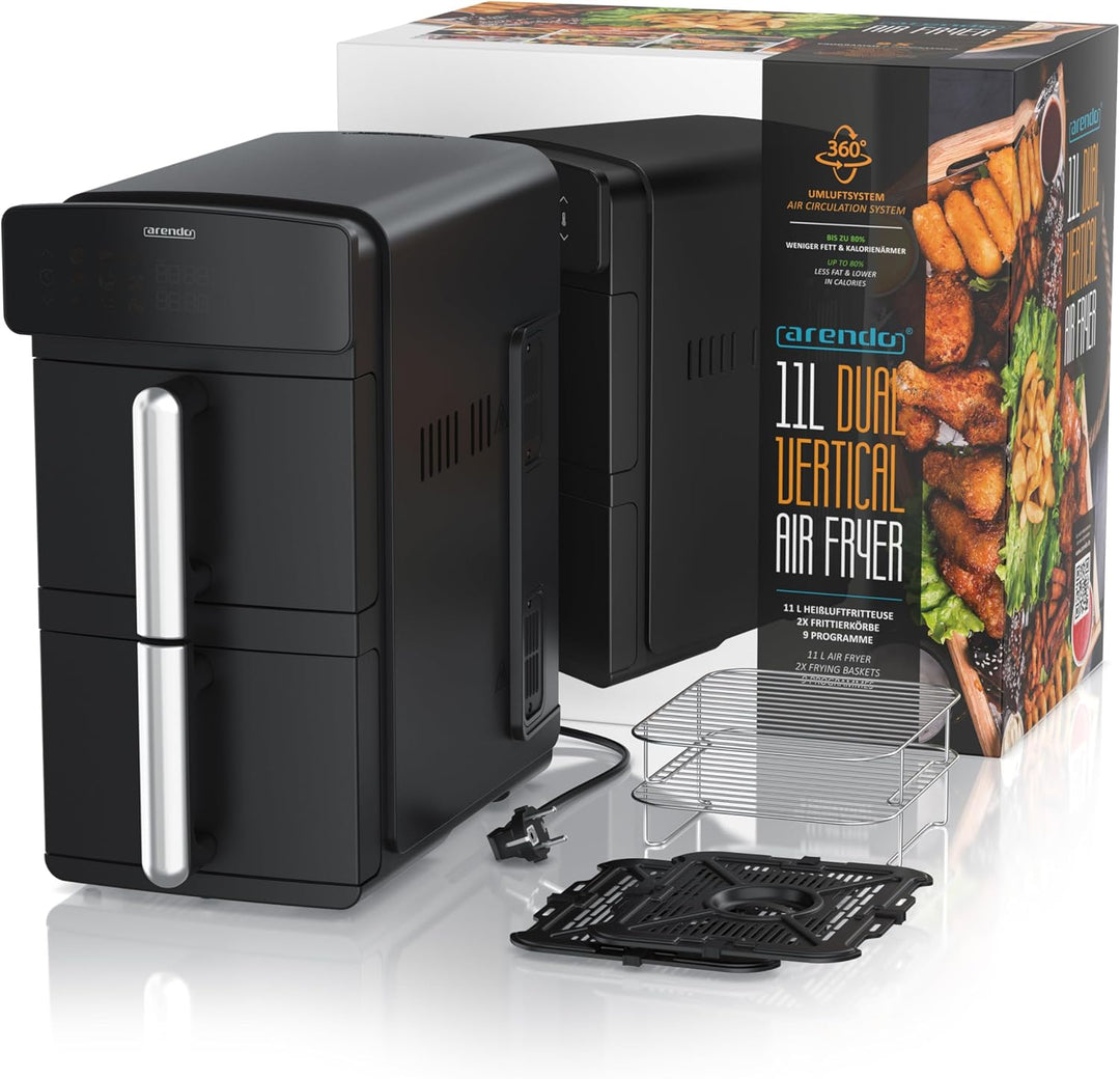 Arendo - Heissluftfritteuse Dual Zone Doppelkammer – XXL 11L Kapazität – 2 Kammern 2 Zonen – Airfrye