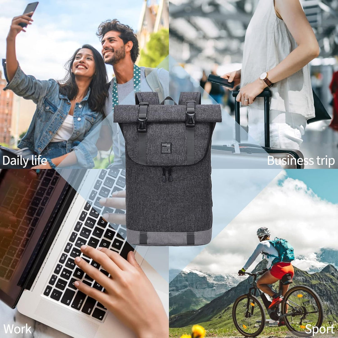 EverVanz Laptop-Rucksack, Damen & Herren Roll Top Wasserdichter Wanderrucksack, Leichter, Lässiger R