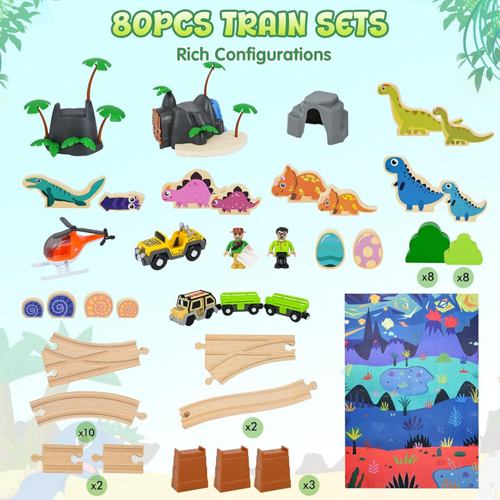 Holzeisenbahn Set, Dino Bahn Schienen mit Zug, Schnecke, Dinosaurier und Dinosaurier-Eiern, Eisenbah