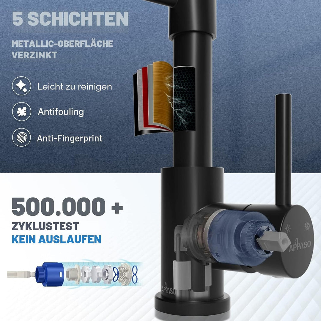 APPASO Wasserhahn Küche Schwarz, Hochdruck Küchenarmatur Schwarz mit Brause, Mischbatterie Küche mit