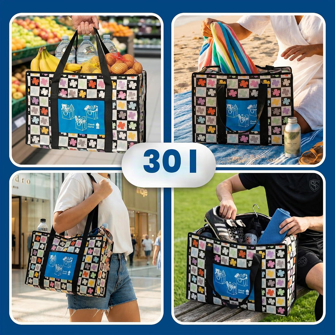 5er-Set Einkaufstaschen (5x30L) mit Reissverschluss & Vordertasche, extrem strapazierfähige & wieder
