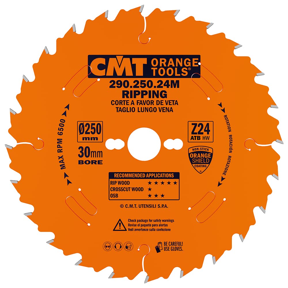 CMT Orange Tools Kreissägeblatt HW 250 x 2,8 / 1,8 x 30 Z=24 10° ATB - 290.250.24M - für Längsschnit