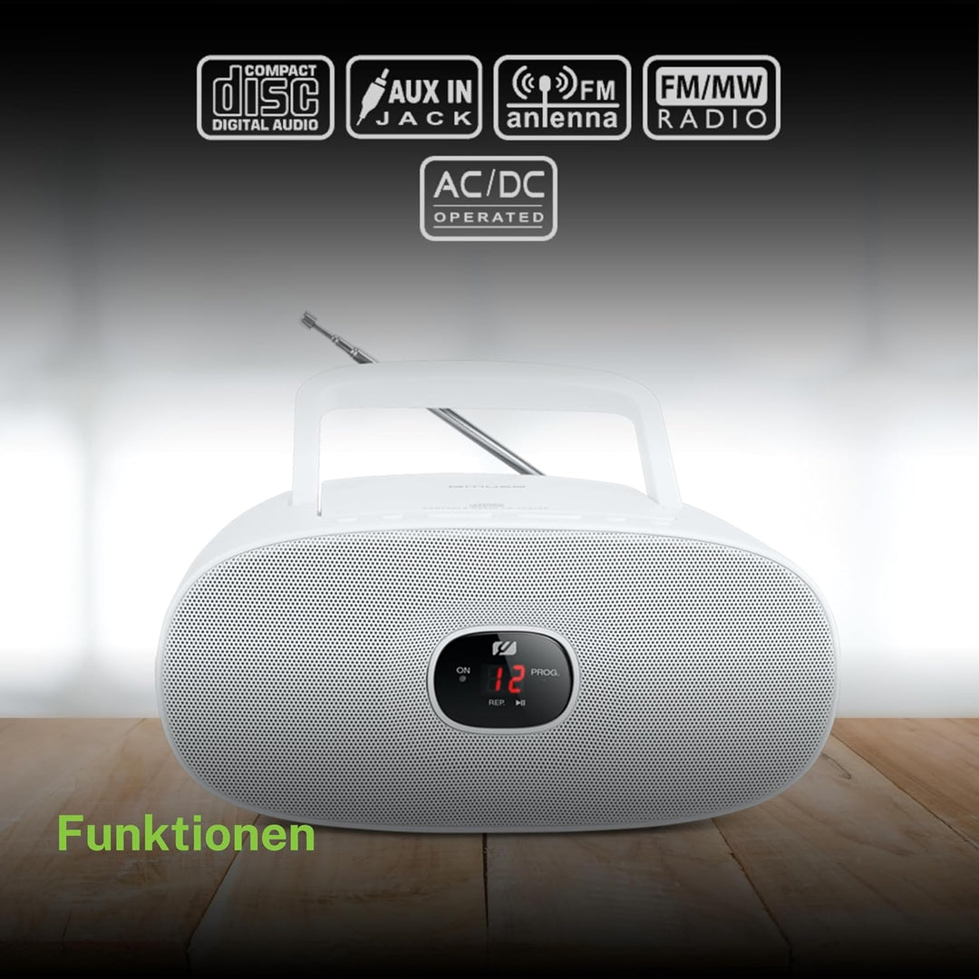 Muse MD-202 RDW Stereo UKW-Radio mit CD-Player (LED Display, Repeat, AUX-In, Teleskopantenne) weiss,
