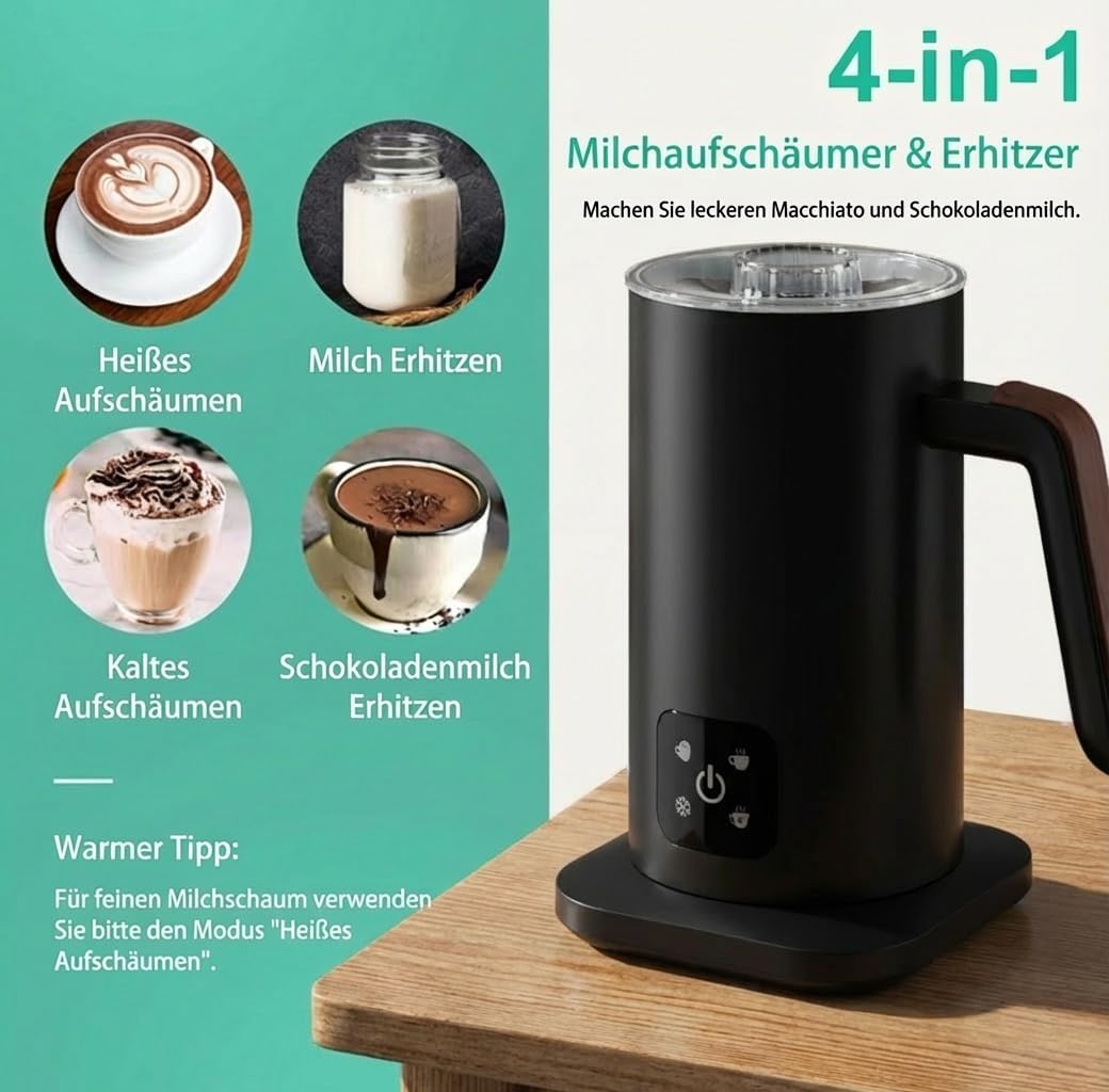Milchaufschäumer Elektrisch 4-in-1 aus Edelstahl – Heiss & Kalt, Milch erhitzen, LED-Touchpanel, 360