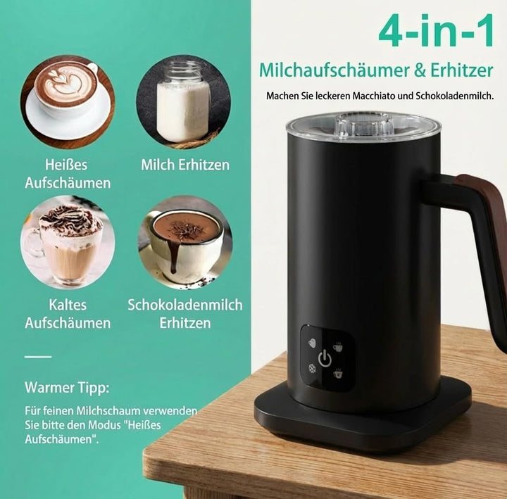 Milchaufschäumer Elektrisch 4-in-1 aus Edelstahl – Heiss & Kalt, Milch erhitzen, LED-Touchpanel, 360