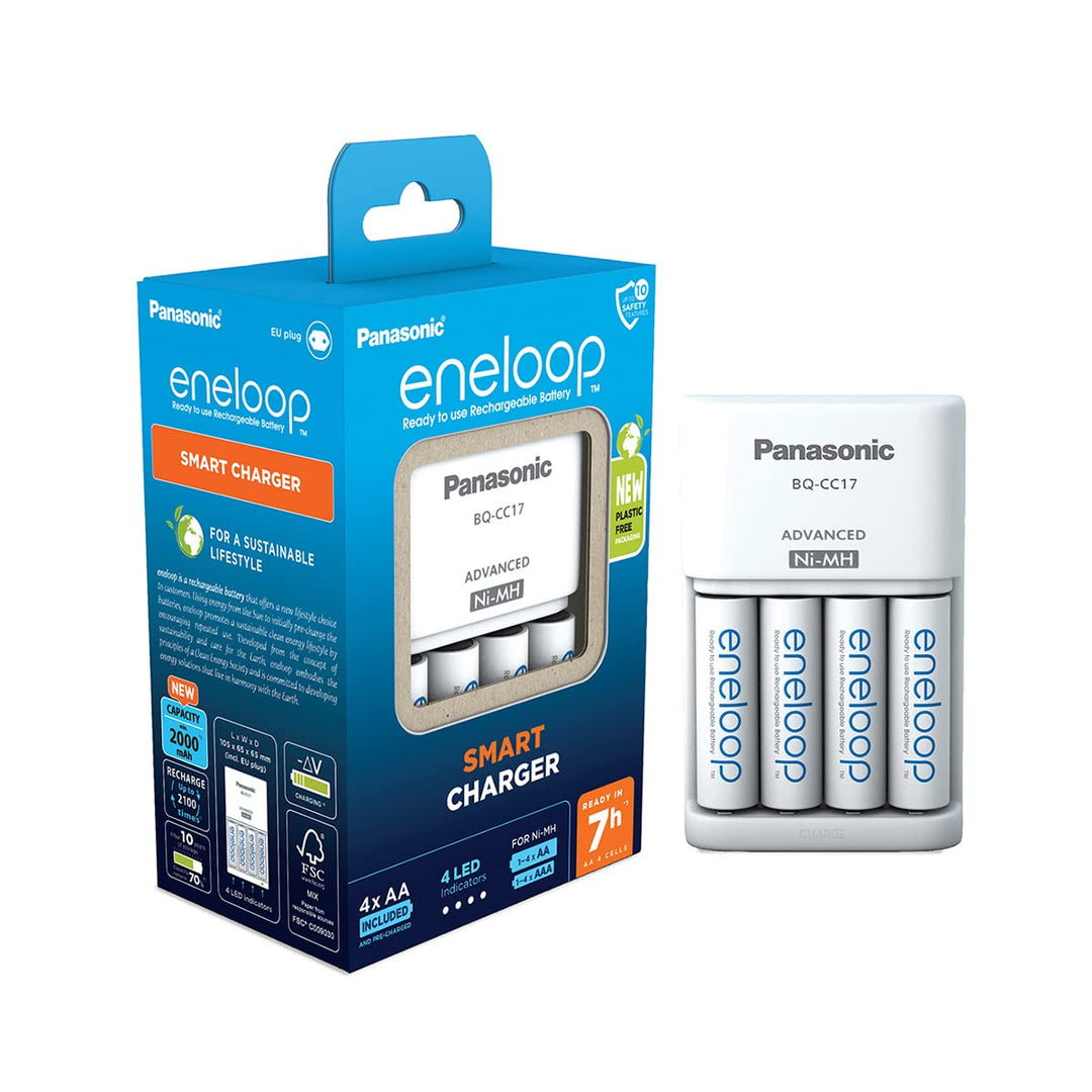 Panasonic eneloop Smart Ladegerät für 1–4 AA/AAA NI-MH-Akkus, mit 4 LED-Anzeigen und 7 Sicherheitsfu