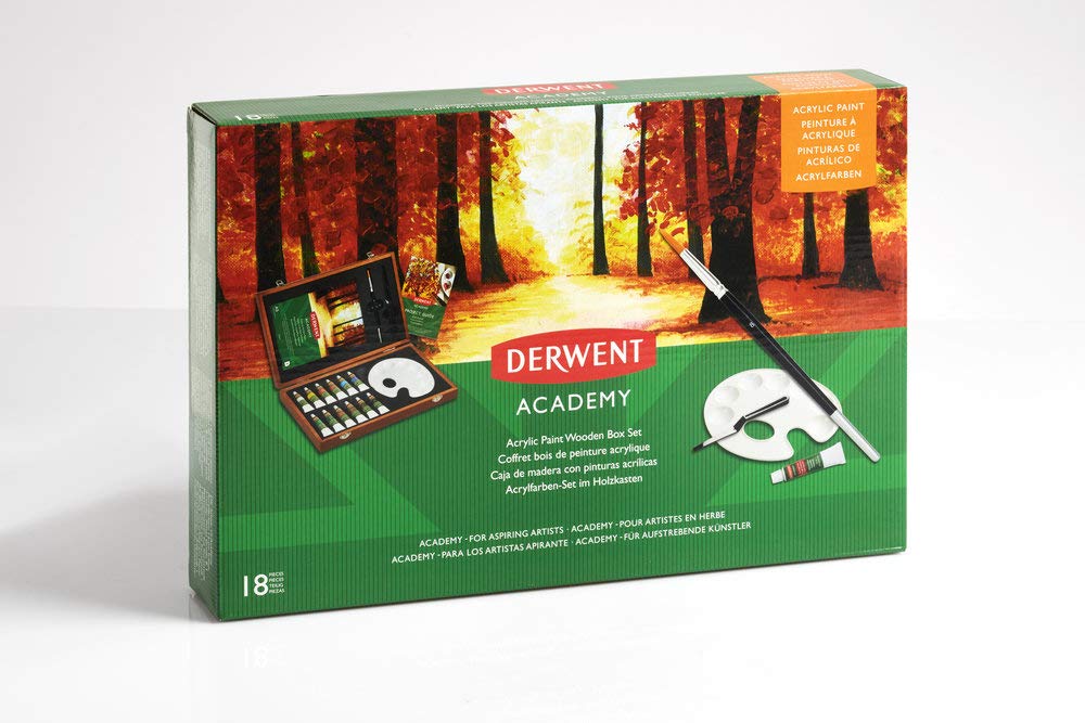 Derwent Academy Acryl Malset, Acrylfarben in einer Geschenk-Box aus Holz, 18er-Set Farben, Inklusive