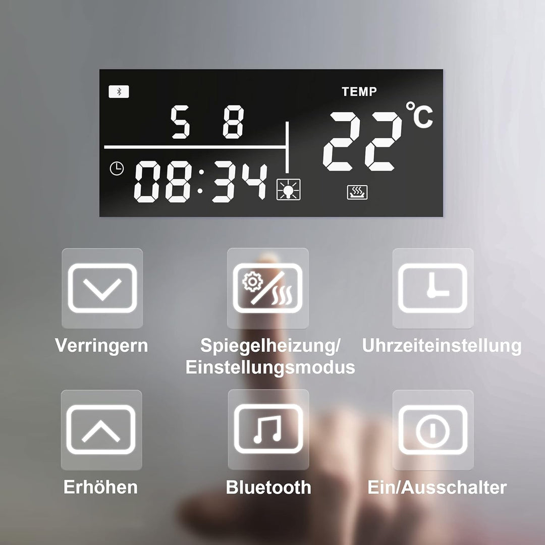 AQUABATOS Brussels-Serie Badspiegel Badezimmerspiegel mit Beleuchtung 80x60 cm Uhr Bluetooth Lautspr