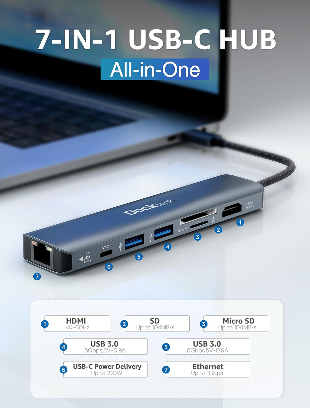 USB C Hub Dockteck 7-in-1 Dock DD0003 USB C Adapter, Ethernet LAN RJ45, 4K 60Hz HDMI, 100W Power Del