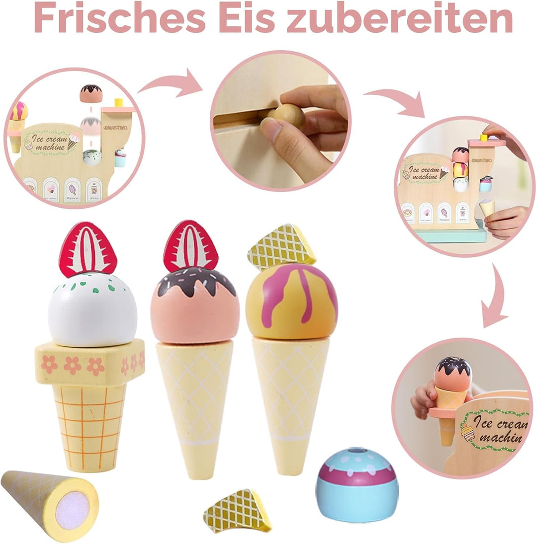 Smartwo Eismaschine Holzspielzeug ab 3 Jahre, Kinderküche & Kaufladen Zubehör, Eisdiele Kleinkinder