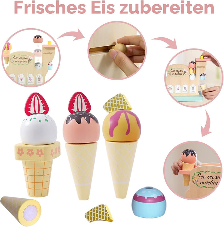 Smartwo Eismaschine Holzspielzeug ab 3 Jahre, Kinderküche & Kaufladen Zubehör, Eisdiele Kleinkinder