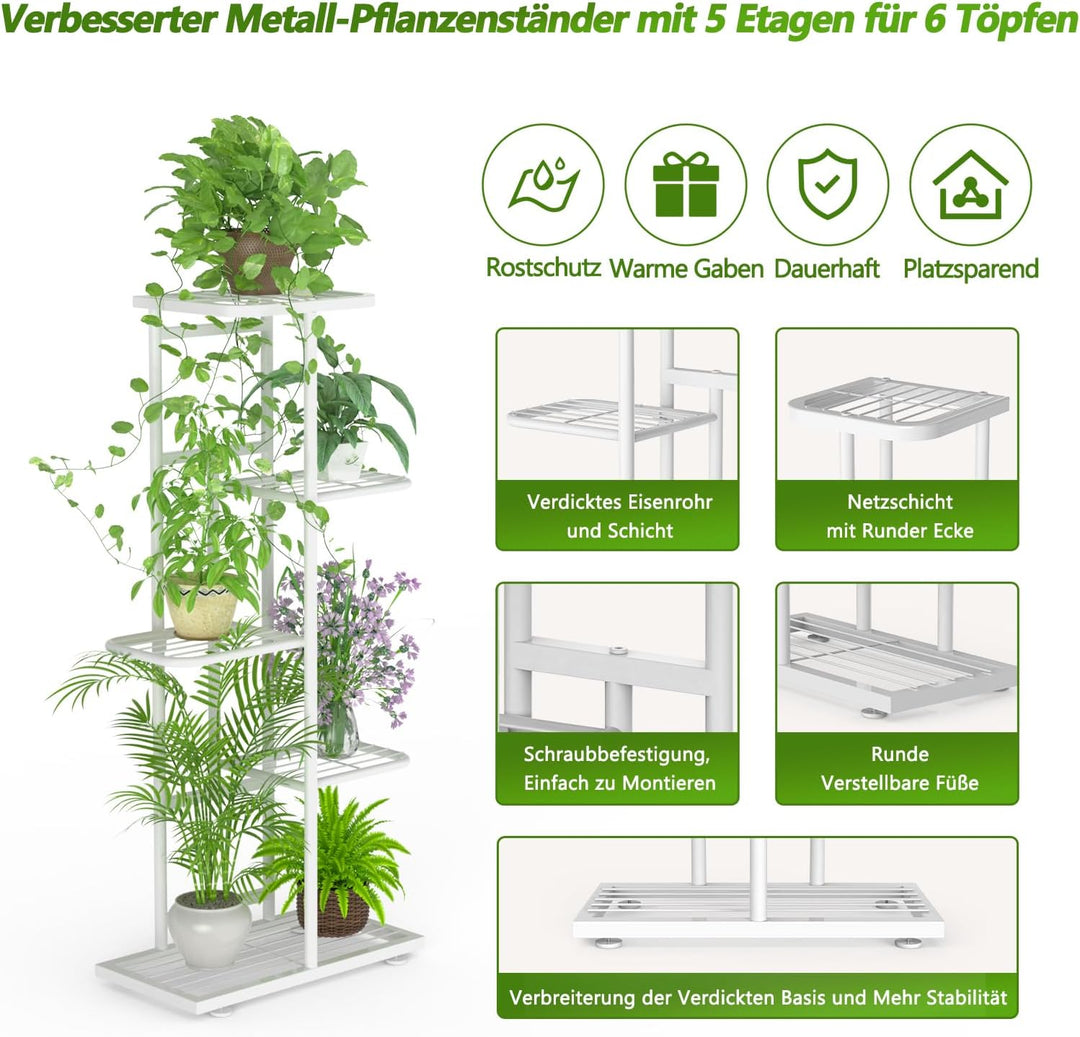 MAIJIAJU 5 Etagen Blumenständer Weiss mit Gartengeräte und Handschuhe, 95cm Hoch Pflanzenständer Met