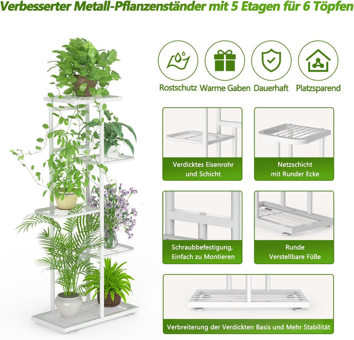 MAIJIAJU 5 Etagen Blumenständer Weiss mit Gartengeräte und Handschuhe, 95cm Hoch Pflanzenständer Met