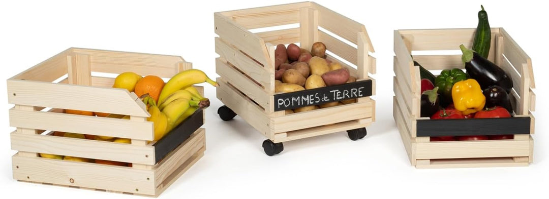 IDMarket - Set aus 3 stapelbaren Holzregalen für Obst und Gemüse