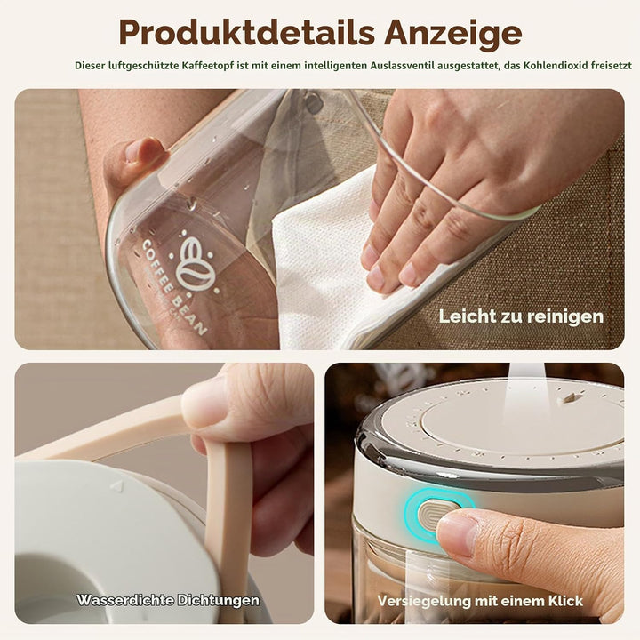 Glas Kaffeedose Luftdicht, 1,7L Vakuum Kaffeebohnen Transparent Behälter mit Auslassventil Datumsanz