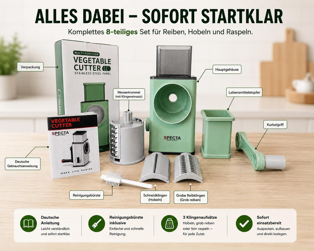 SPECTA Gemüsereibe, 3-in-1 Gemüseschneider, Trommelreibe, Gemüsehobel, Käsereibe, XXL Einfüllschacht