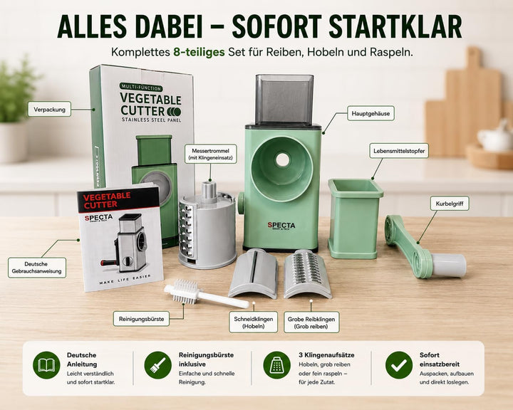 SPECTA Gemüsereibe, 3-in-1 Gemüseschneider, Trommelreibe, Gemüsehobel, Käsereibe, XXL Einfüllschacht