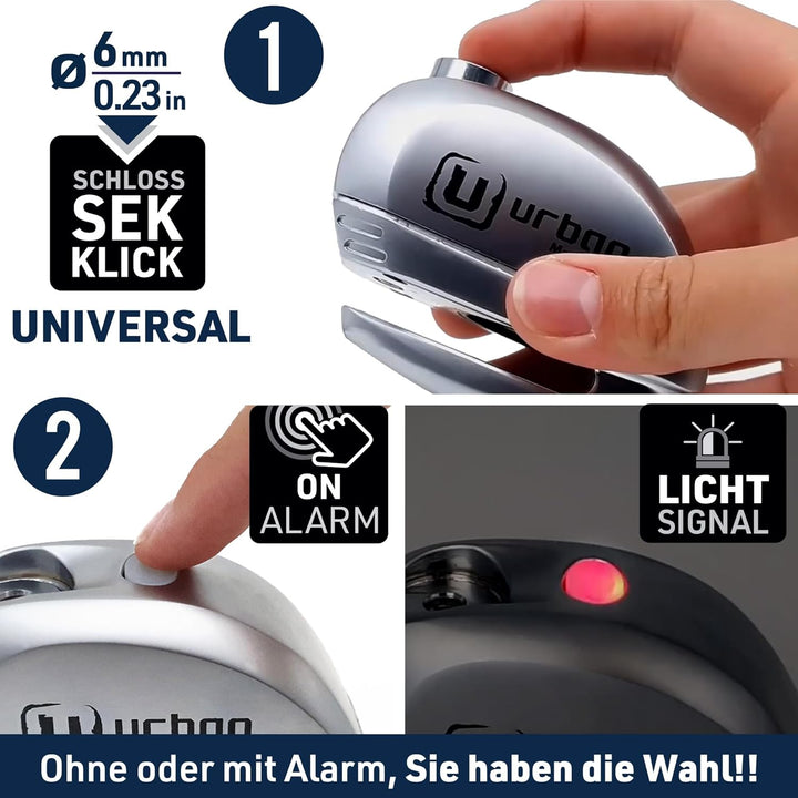 URBAN SECURITY UR22 Diebstahlsicherung Bremsscheibenschloss Motorrad mit Alarm 120 dB Warnung, ø 6 m