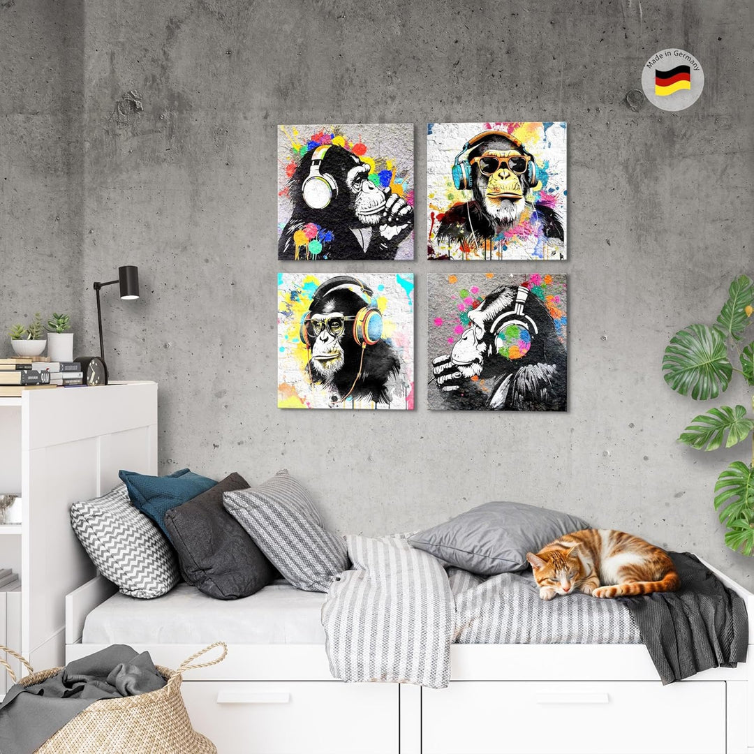 Novart Bilder Set Banksy Collage - KOMPLETT AUFHÄNGFERTIG - Grau Bunt Wohnzimmer Schlafzimmer Loft -