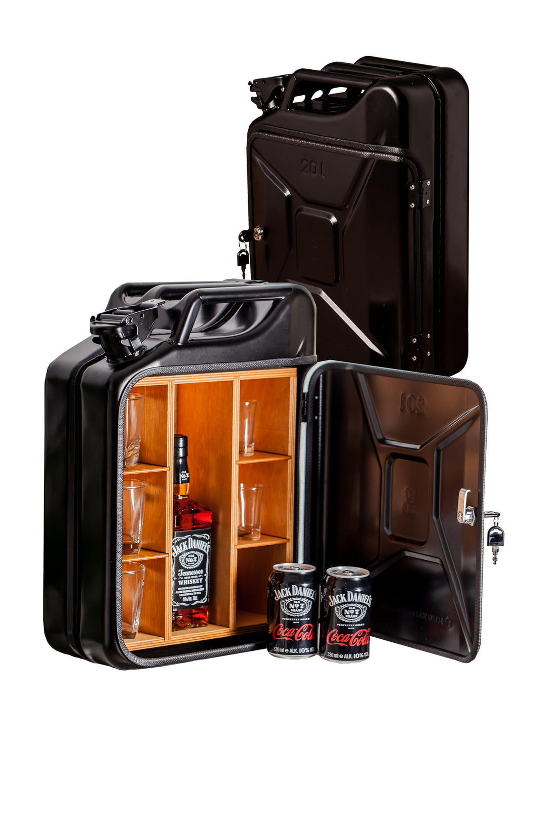 20L Kanister Bar inkl. 3 Whisky Gläser- Jerrycan 4 Herausnehmbaren Fächern schwarzer Metall Mobile B