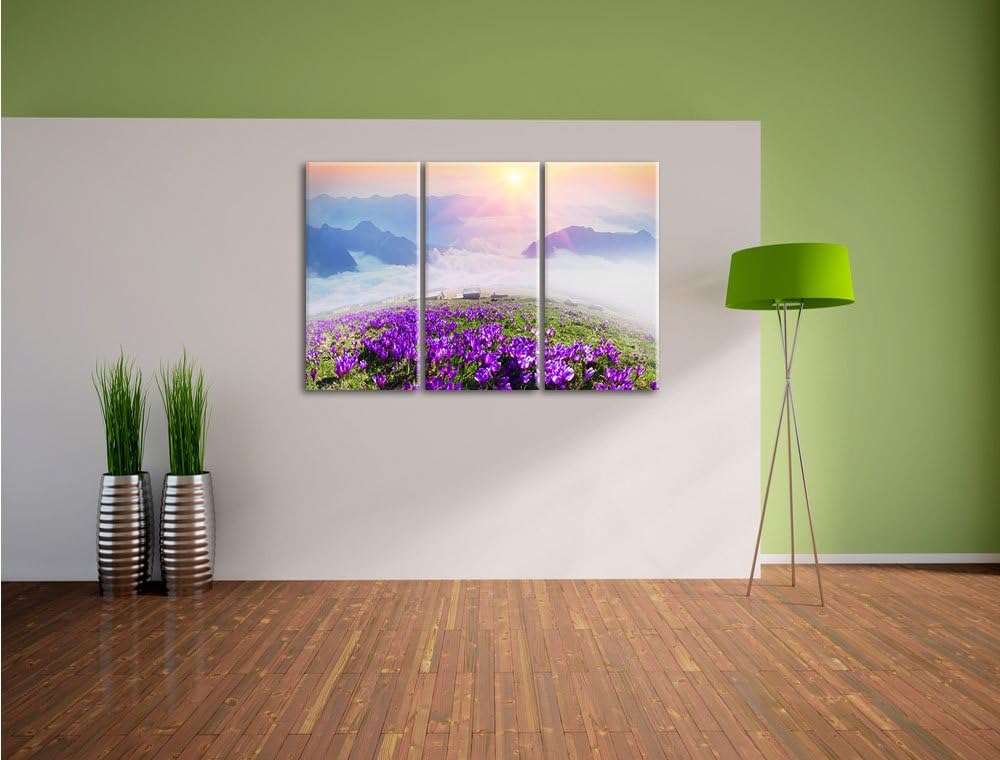Pixxprint Krokusse in den Bergen als Leinwandbild/Grösse: 3 Teilig (120x80) / Wandbild/Kunstdruck/fe
