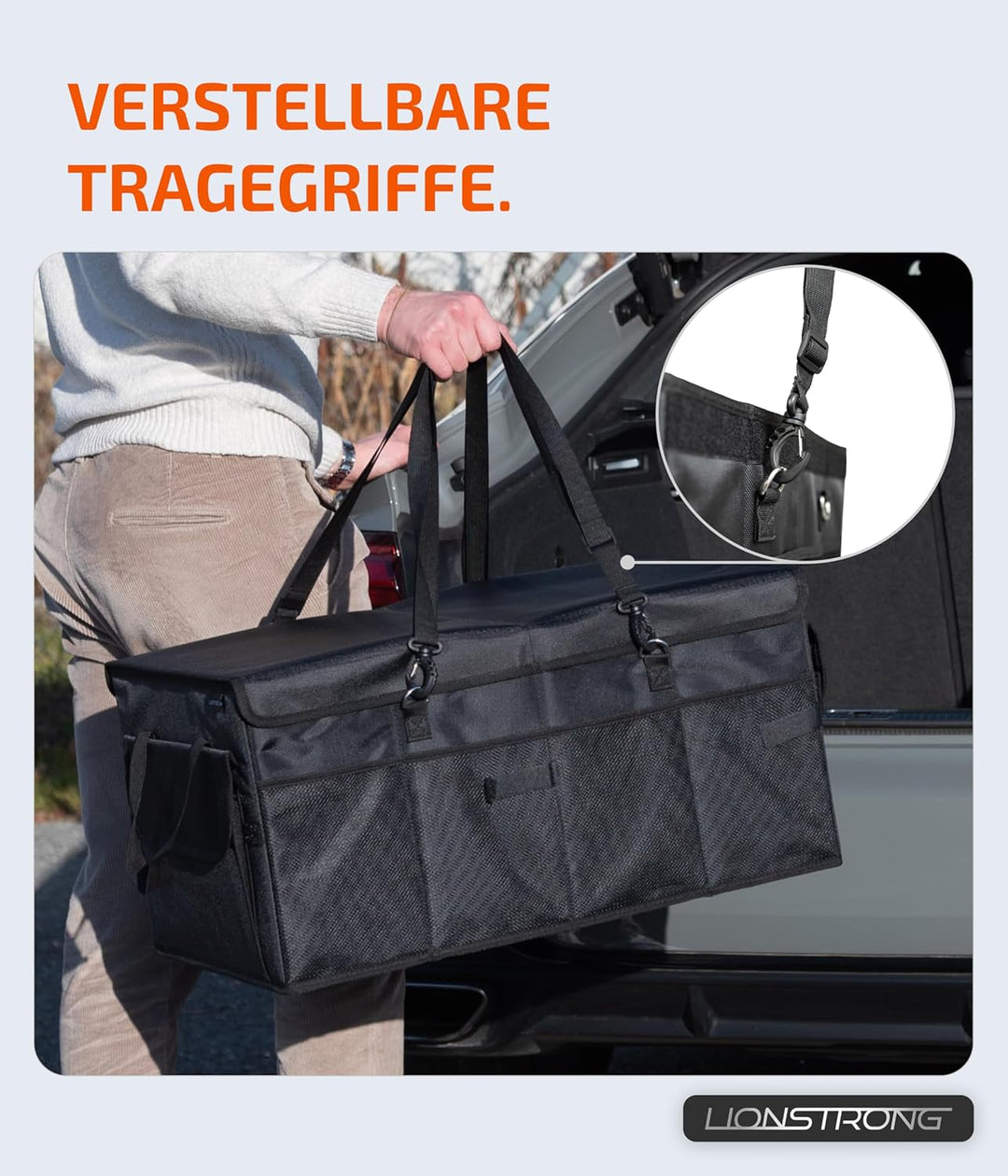 LIONSTRONG® Kofferraum-Organizer Box – Faltbare & rutschfeste Aufbewahrungsbox mit Tragegriffen und