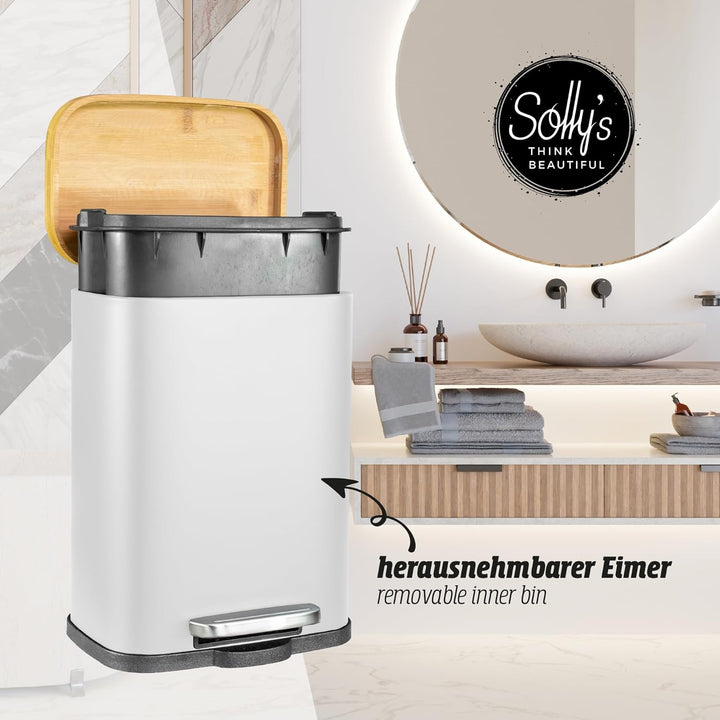 Solly´s 5L Kosmetikeimer mit Bambus Deckel, Bad Treteimer mit Absenkautomatik, pulverbeschichtet, ru