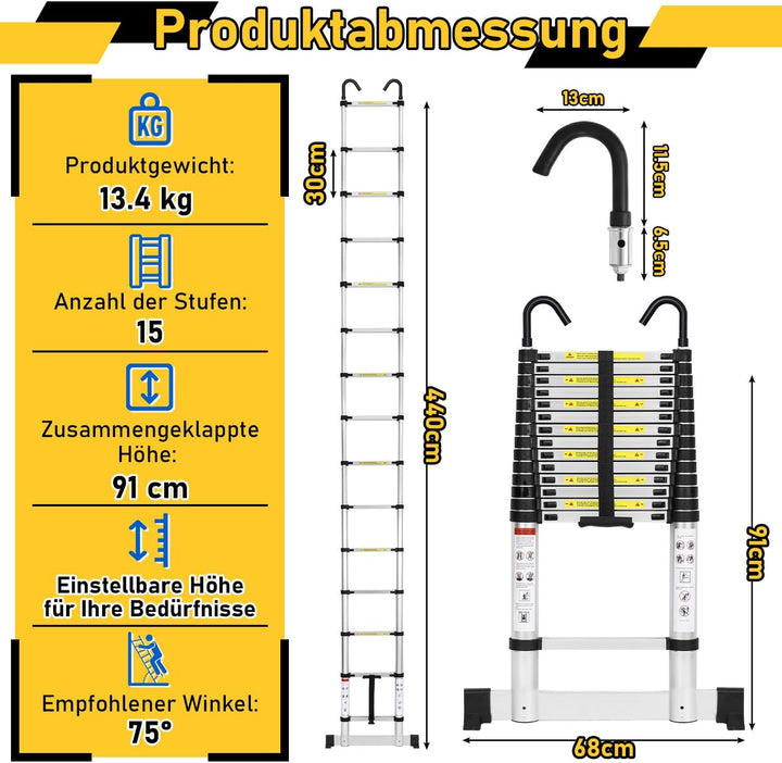 Ansobea Teleskopleiter 4.4m Multifunktion Teleskop-Design Alu-teleskopleiter Fingerschutz Ausziehlei