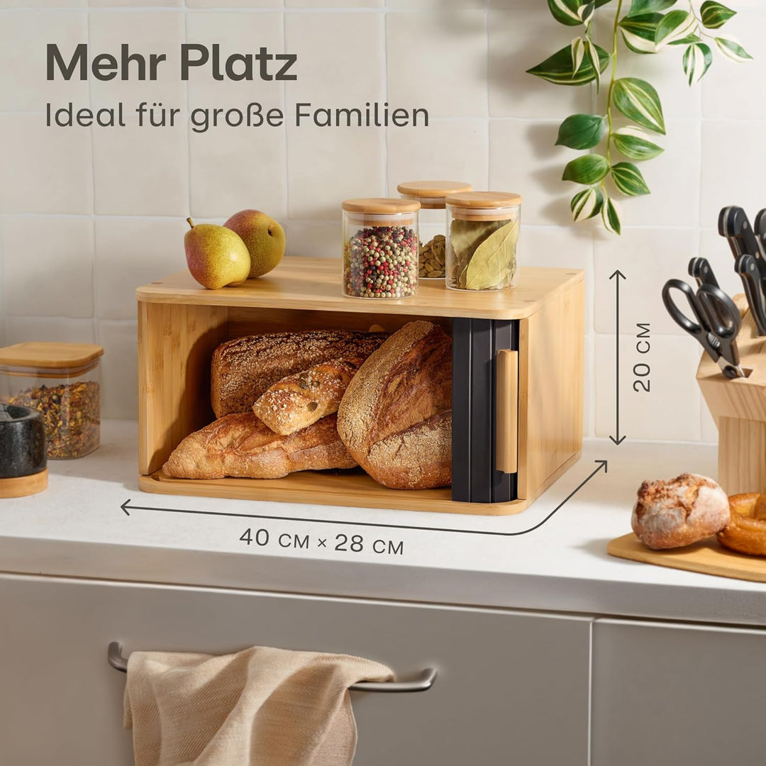 Praknu Brotkasten Gross aus FSC® Holz mit Schiebetür - Brotaufbewahrung 40x28cm - Platzsparend und s