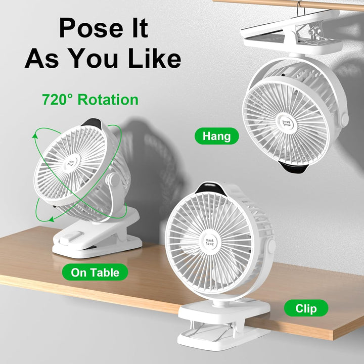 Minthouz Tischventilator mit Clip, 8000mAh USB Ventilator, 5 Geschwindigkeiten Tragbarer Mini Ventil