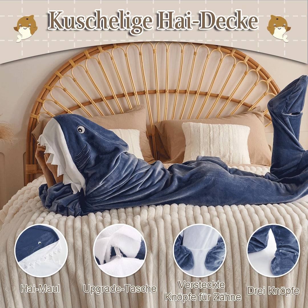 Hai Decke mit Ärmeln,Flanelldecke mit Kapuze für Cosplay-Shows,Superweicher Sofa Kuscheldecke Hai De