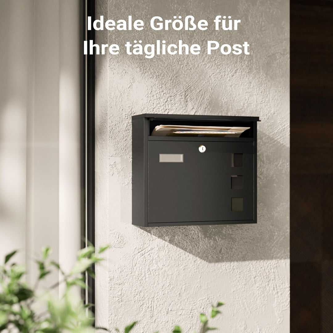Wiltec Briefkasten V12 schwarz 360 x 115 x 315 mm, Wandbriefkasten mit Schloss, Sichtfenstern und Na