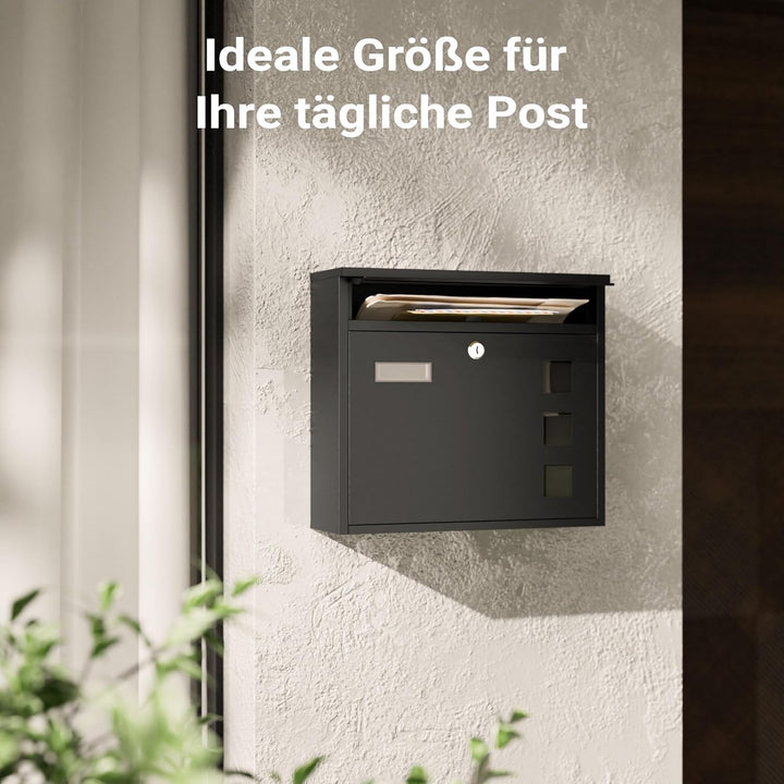 Wiltec Briefkasten V12 schwarz 360 x 115 x 315 mm, Wandbriefkasten mit Schloss, Sichtfenstern und Na