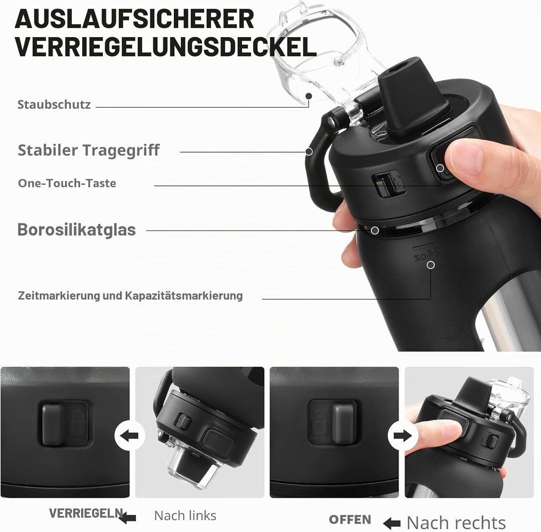 BLUEGO 700ml Trinkflasche Glas mit Strohhalm und Griff Auslaufsichere Wasserflasche mit Silikonhülle