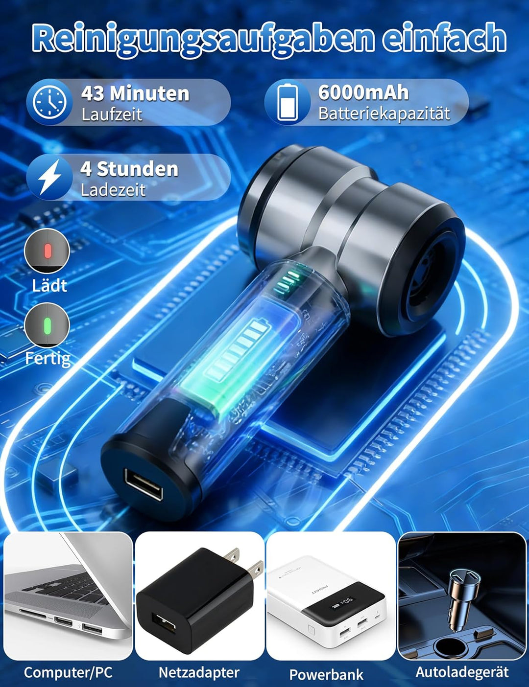 Autostaubsauger 4-in-1 Handstaubsauger Akku Kabellos, 16000Pa Bürstenloser Motor, 43Min Ultra-Lange