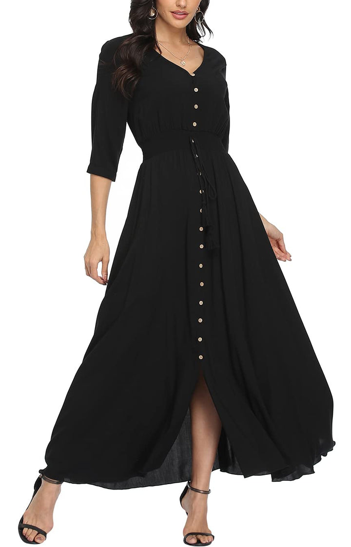 Damen Lange Split Knopf Up Sommer Maxikleid Floral Strandwear Holidy Kleid Hohe Taille mit kurzen Är