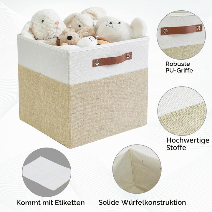 Bagnizer Faltbare Aufbewahrungsbox aus Stoff mit 2 PU-Griffe, 4er Set Beige &amp; Weiss M-33x33x33CM, Be