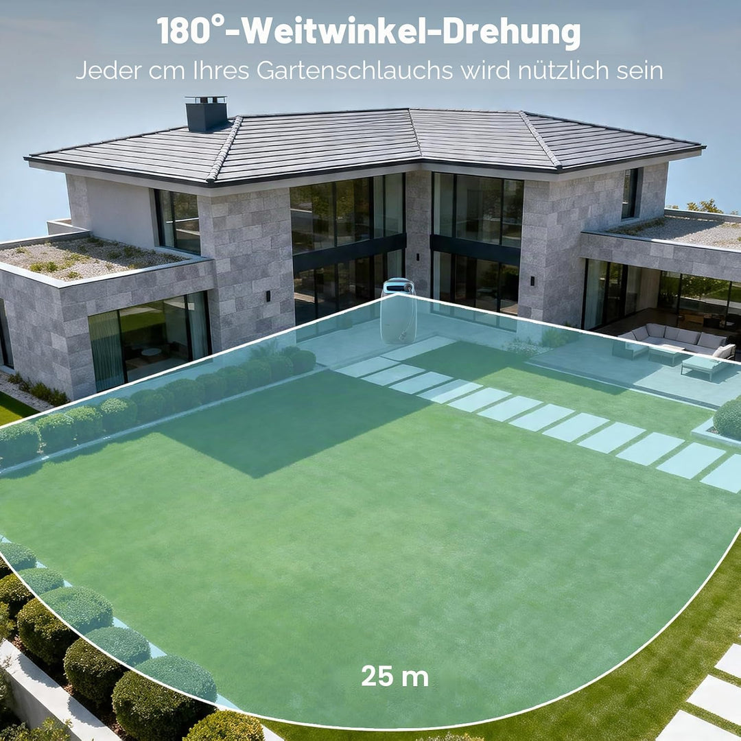 OUTIGO automatische Schlauchtrommel Wasser 25m, 180° schwenkbar mit Wandhalterung und Tragegriff, Sc