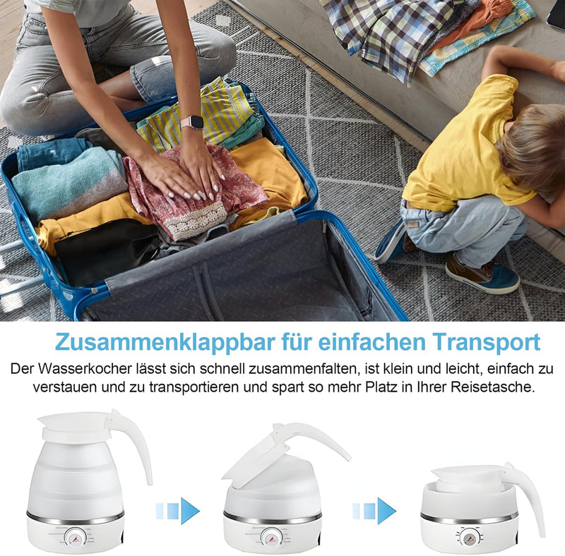 Wasserkocher Faltbar, 600ml Kleiner Reisewasserkocher, Camping Wasserkocher mit Edelstahlboden, 2 Fa