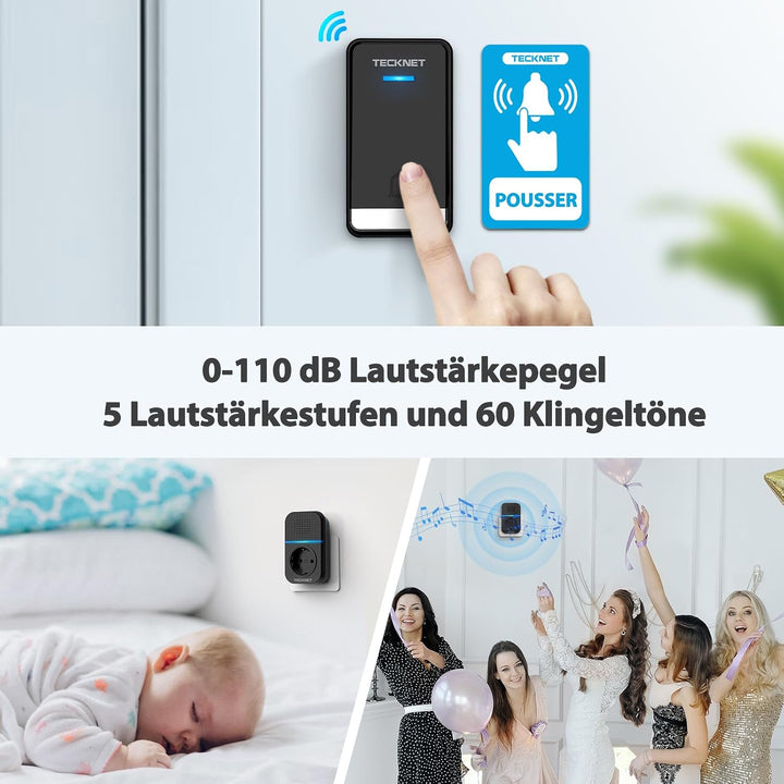 TECKNET Funkklingel Batterielose, Funkklingel mit Steckdose, Funk Türklingel mit 2 Sender, IP65 Funk