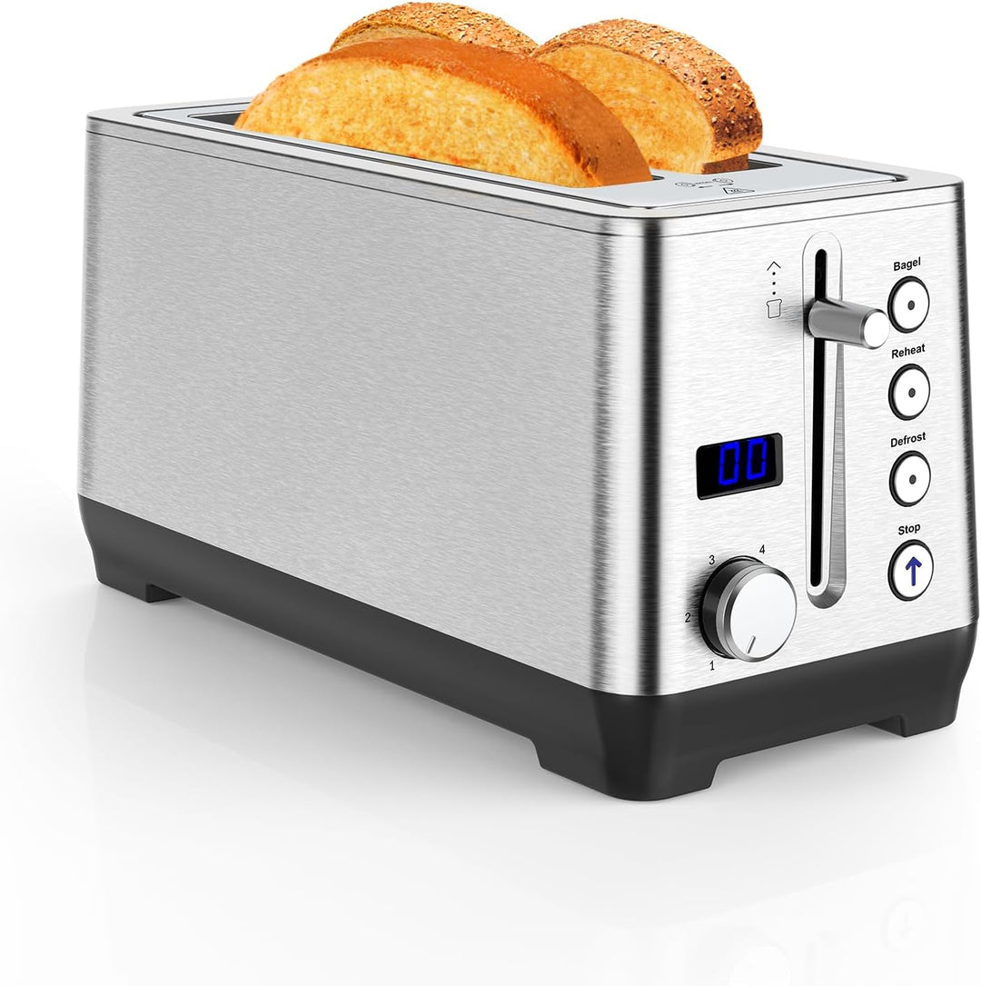 Toaster 4 Scheiben, Doppel-Langschlitztoaster Brötchenaufsatz Krümelschublade LCD Display mit Restze